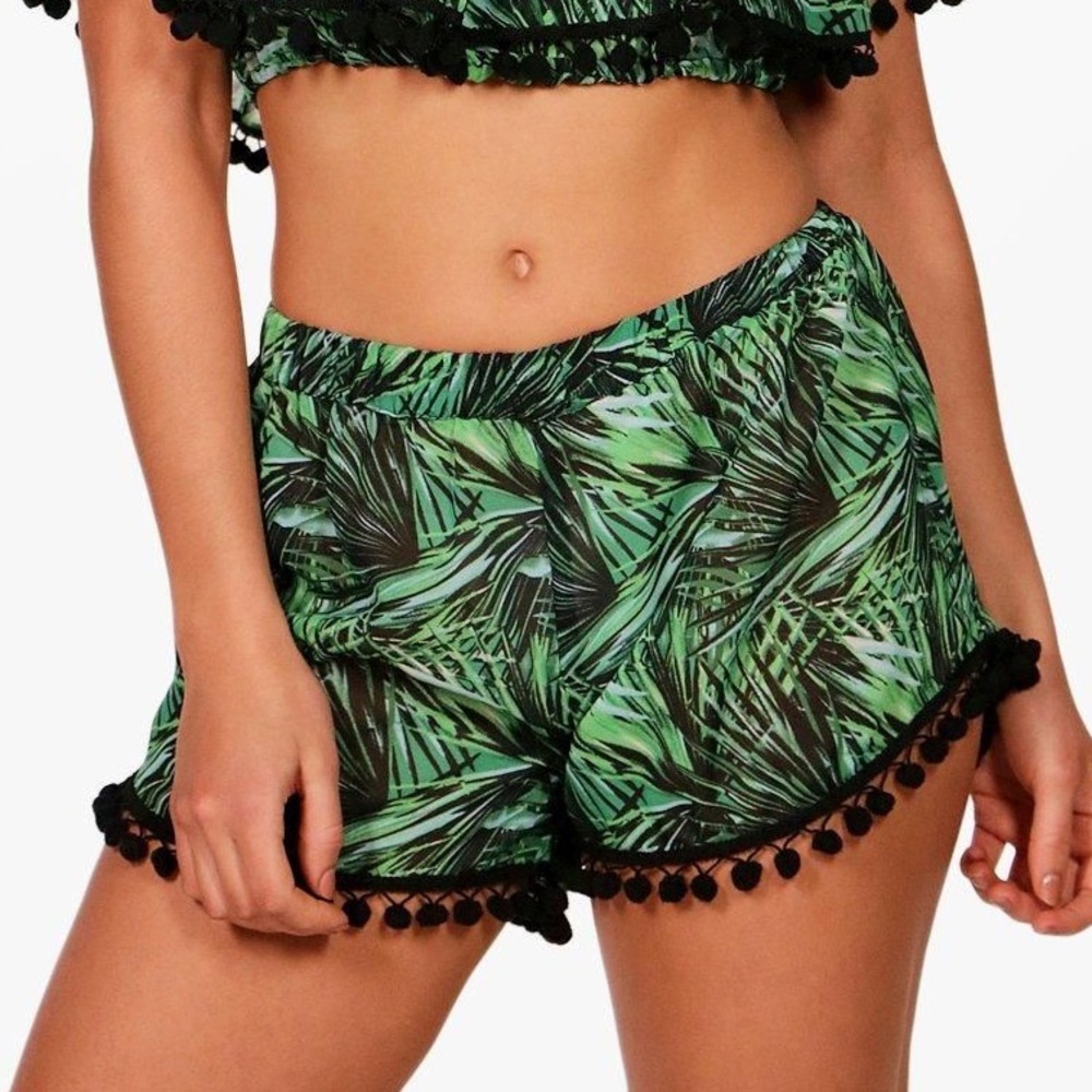 Boohoo Rainforest Green Pom Pom Beach Shorts